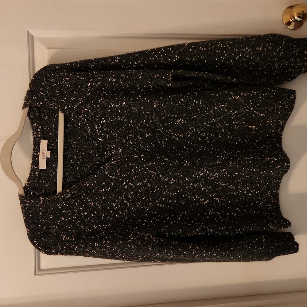 LOFT Sweater V neck Metallic spotted balloon sleeves shabby chic holiday festive